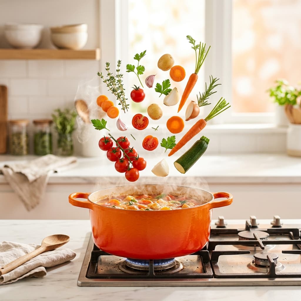 Bright and airy cooking scene with fresh vegetables